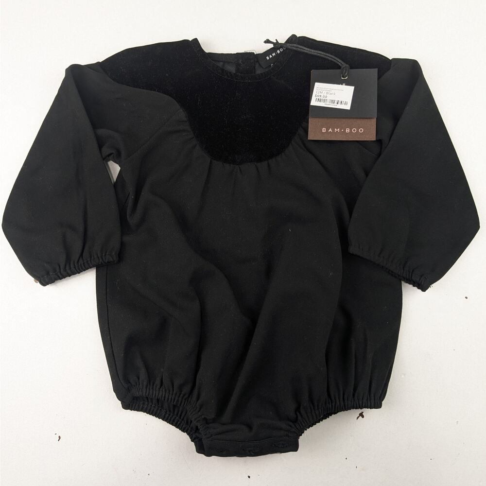 BamBoo Black Wool & Velour Scalloped Long Sleeve Romper - 6-12 Months
